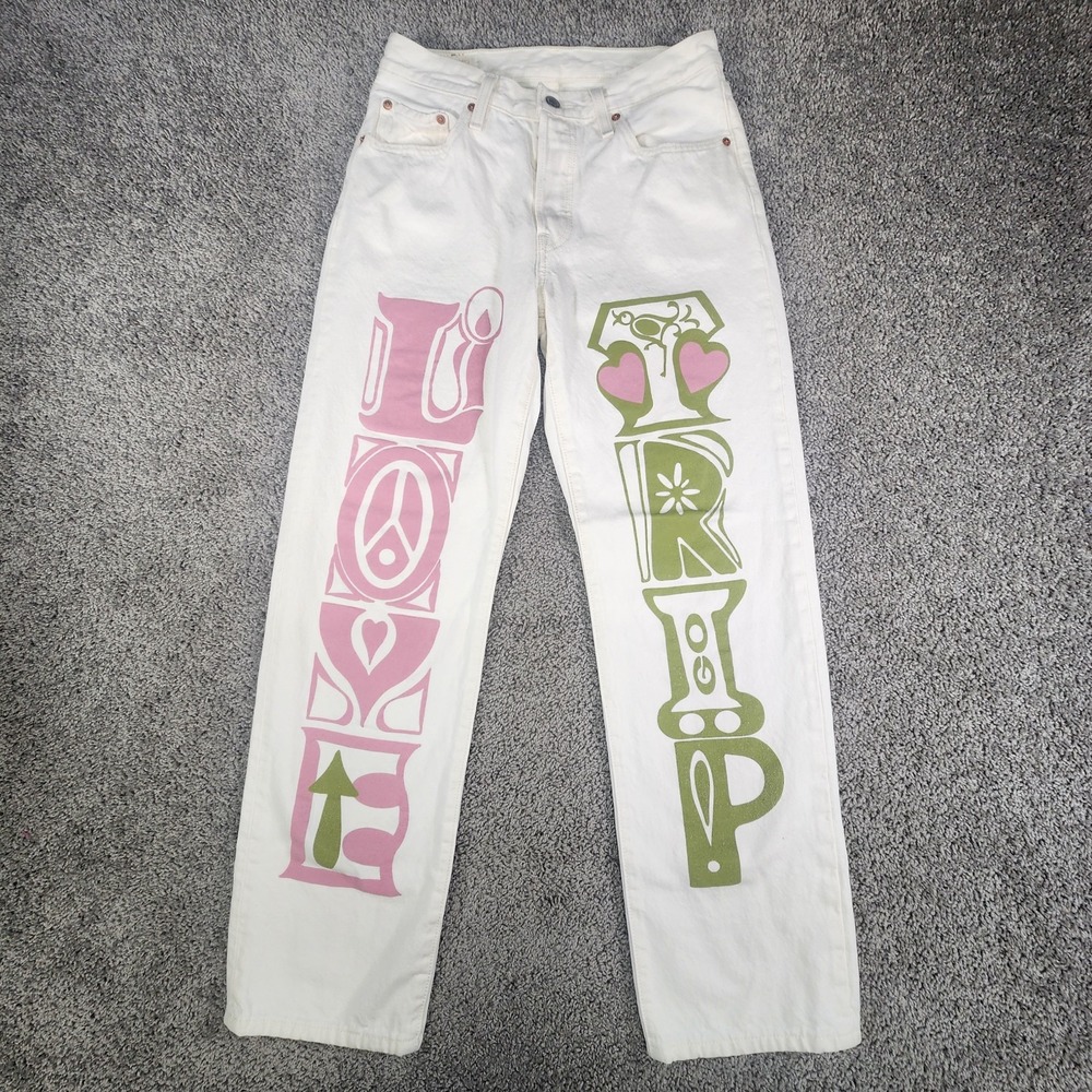 Levis 501 Womens Jeans White W26 L30 Love Trip Straight Leg Premium Denim Hippie